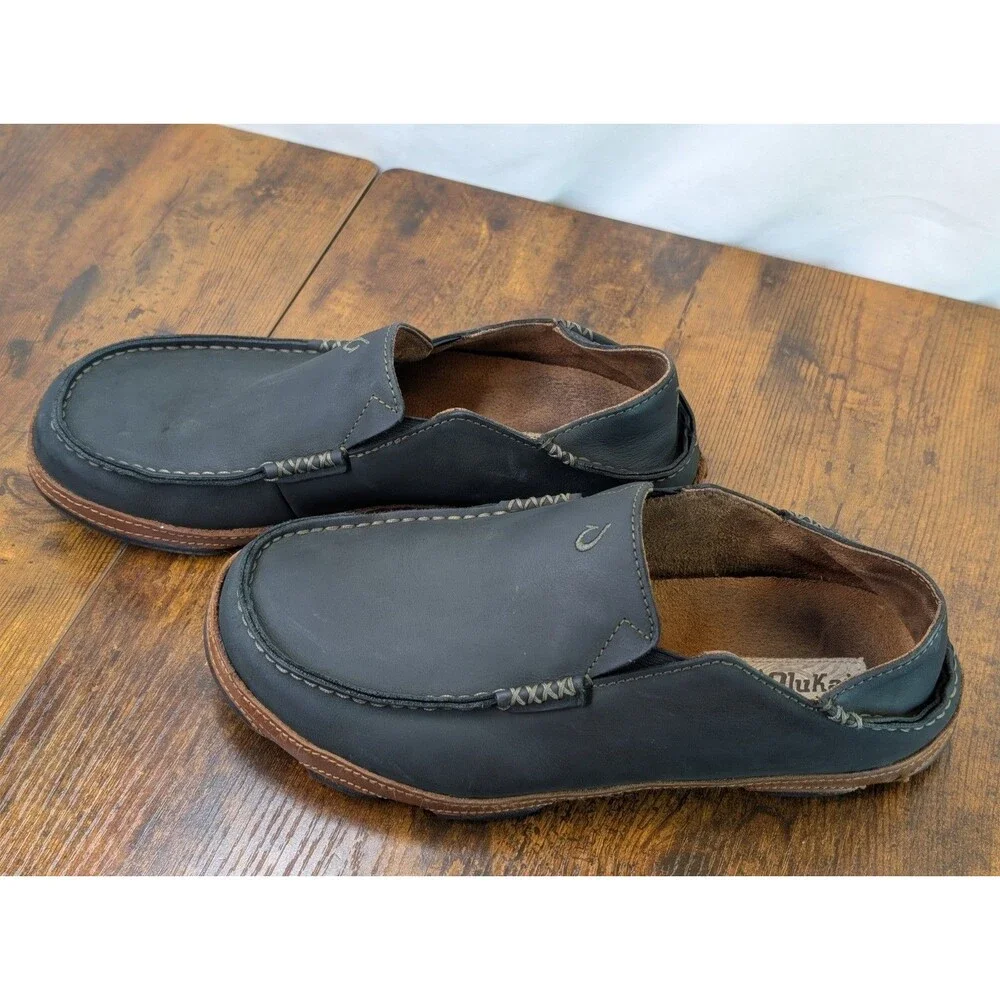 OLUKAI Moloa Men's Leather Nubuck Sz 11 Slip On Shoes 10128-4033 Black